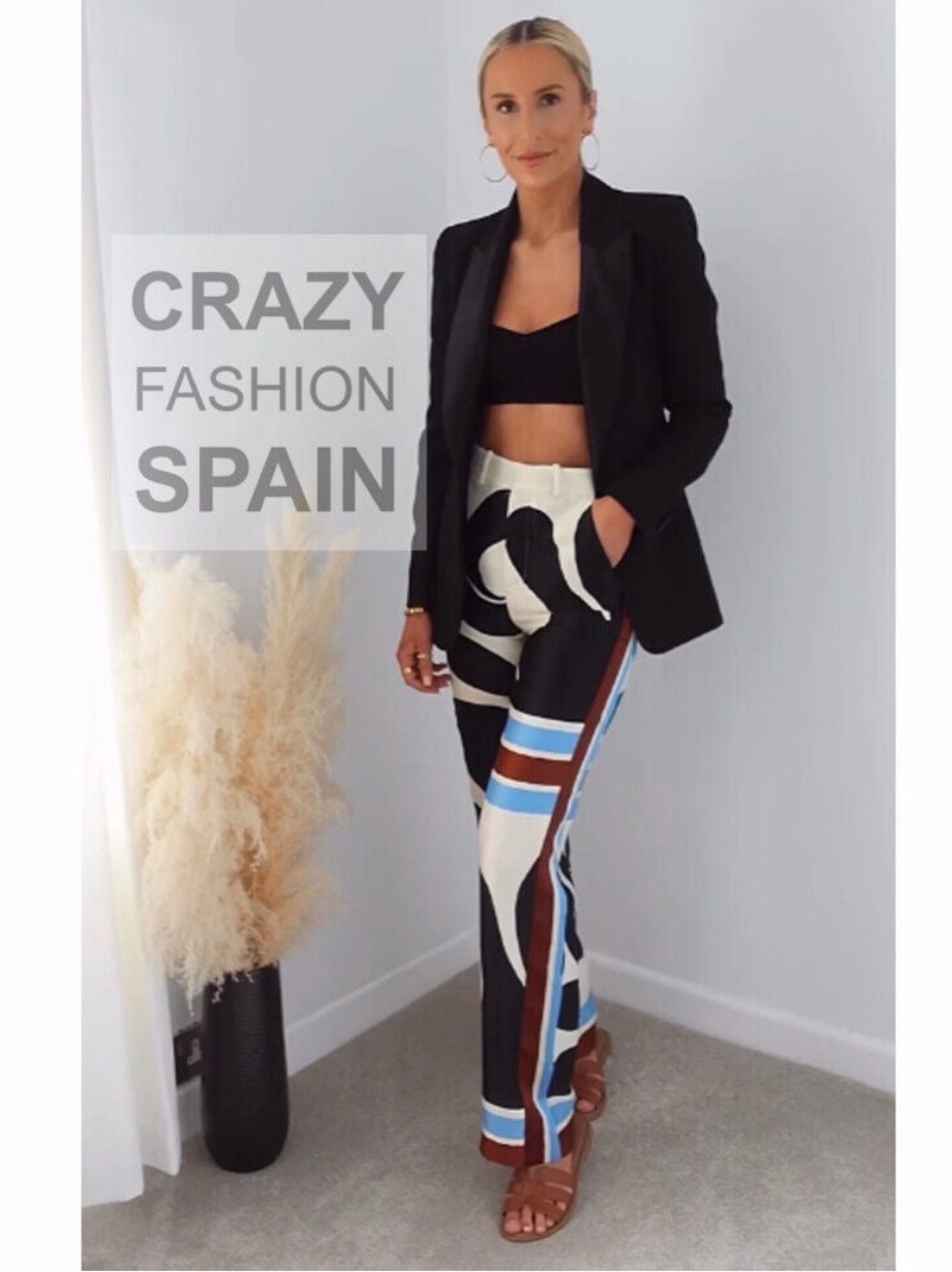 ZARA Printed Satin-Feel Pants in Black/Cream with Blue & Brown Stripes - Picture 4 of 9